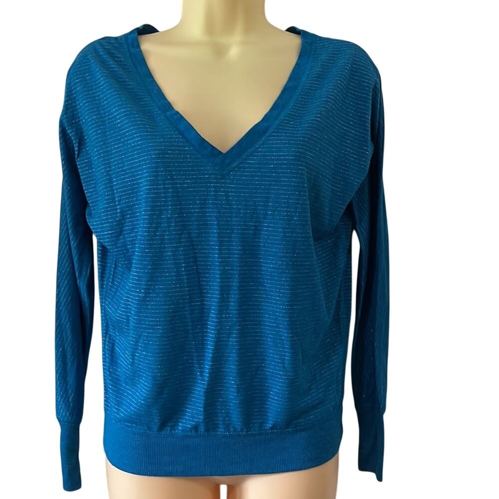 American Eagle Teal Blue with Silver Metallic Striped Knit Top Size XS Sparkly
